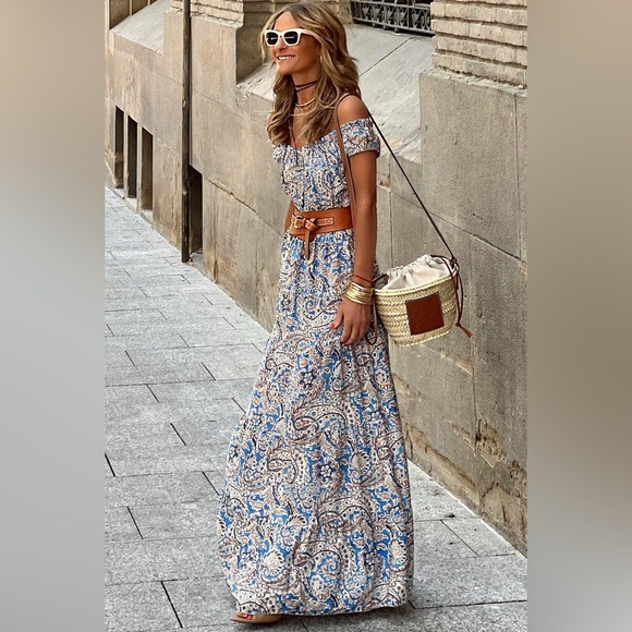 Blue Boho Paisley Print Off Shoulder Maxi Dress Bohemian Long Dress - Picture 2 of 15